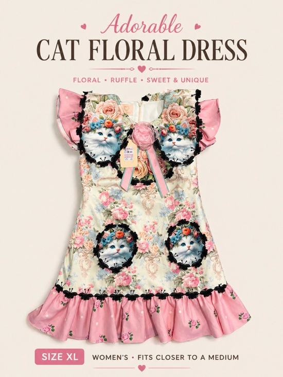 Diamond Supply Co. Dresses & Skirts - Cat Floral Dress Women’s XL Cottagecore Pink Ruffle